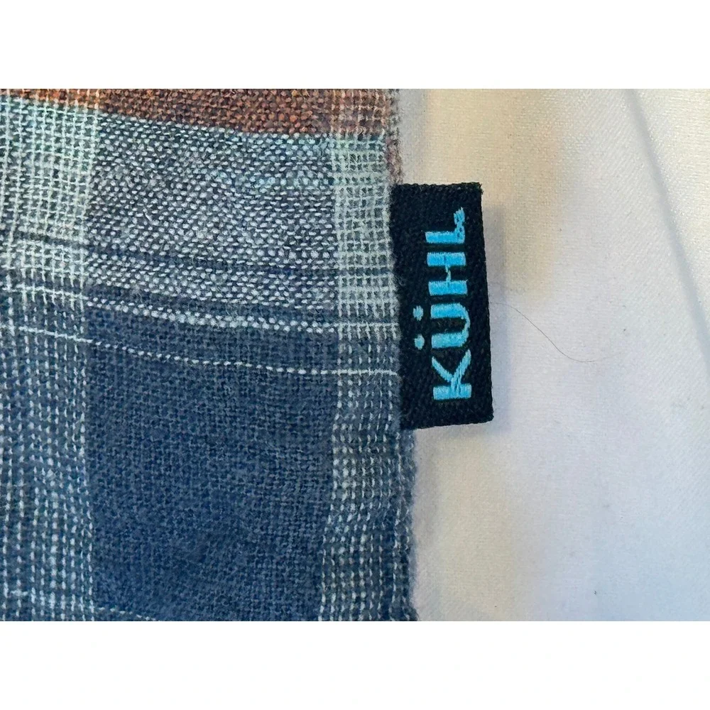 Kuhl Mens Medium Blue Brown Plaid Short Sleeve Button Down Shirt Pockets Hiking